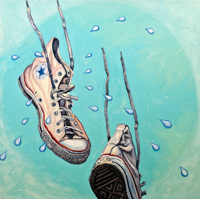  Falling Sneakers, Oil on Panel, 48" x 48"